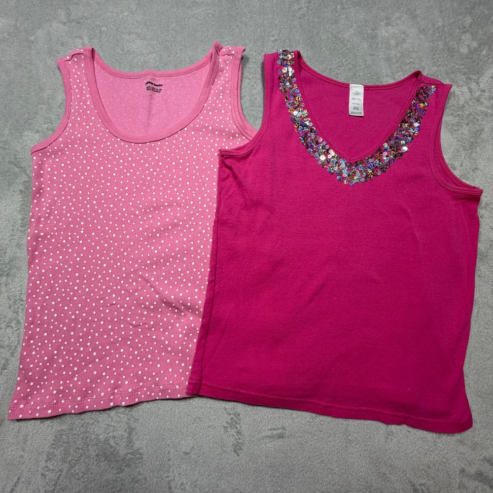 Vintage 2000s Pink‎ Cotton Tank Top Set Sequin Polka Dot Y2K Size L/M